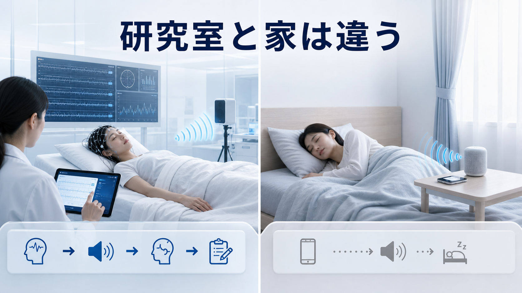 研究室の睡眠計測手続きと家庭で音を流すことの違いを示す図解