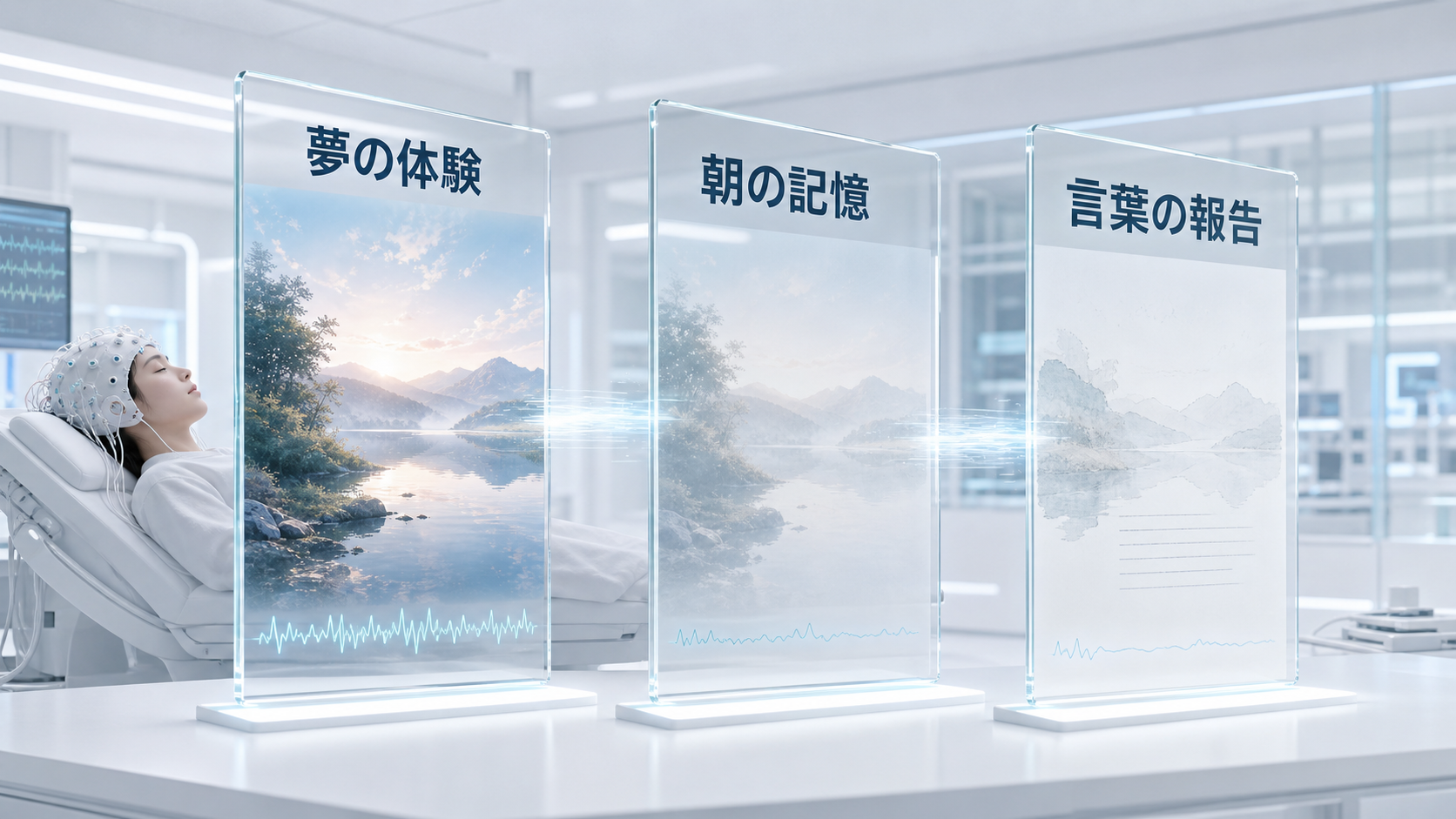 夢の色を夢の体験、朝の記憶、言葉の報告という三段階に分けた図