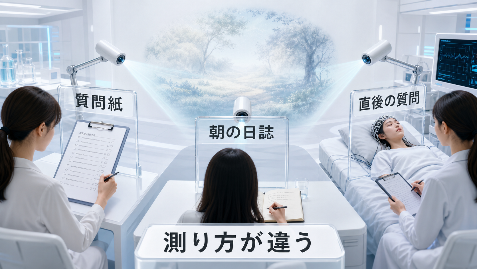 夢の色を質問紙、朝の日誌、起床直後の質問で測る方法の違いを示す図