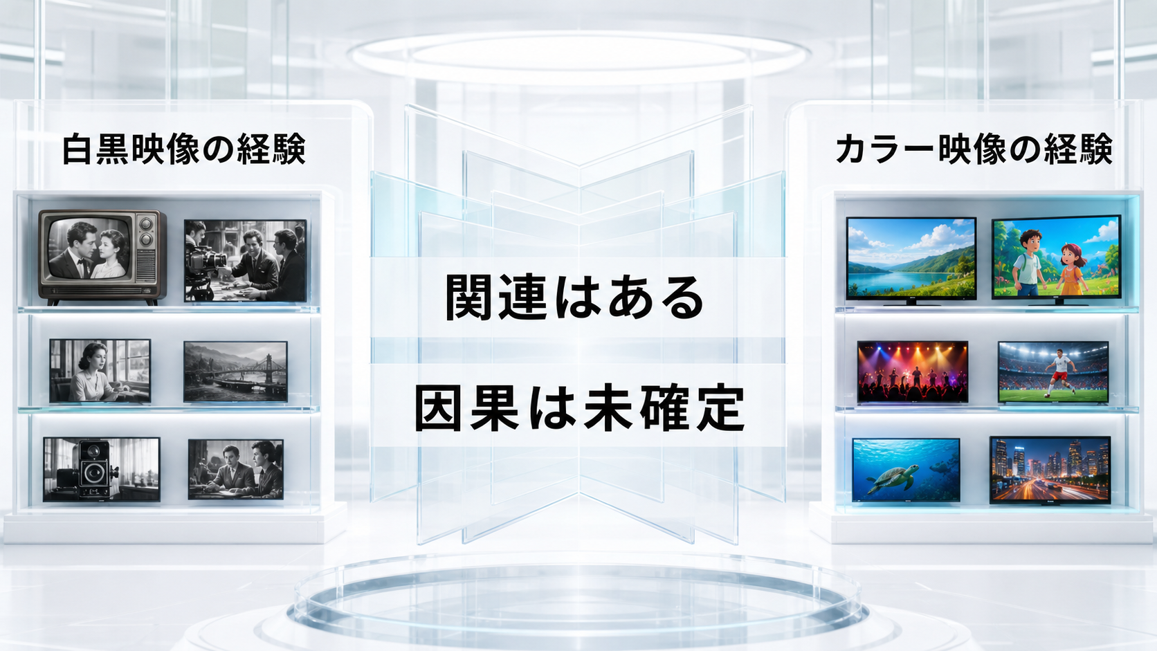 白黒映像とカラー映像の経験が夢の色の報告と関連する一方で因果は未確定と示す図