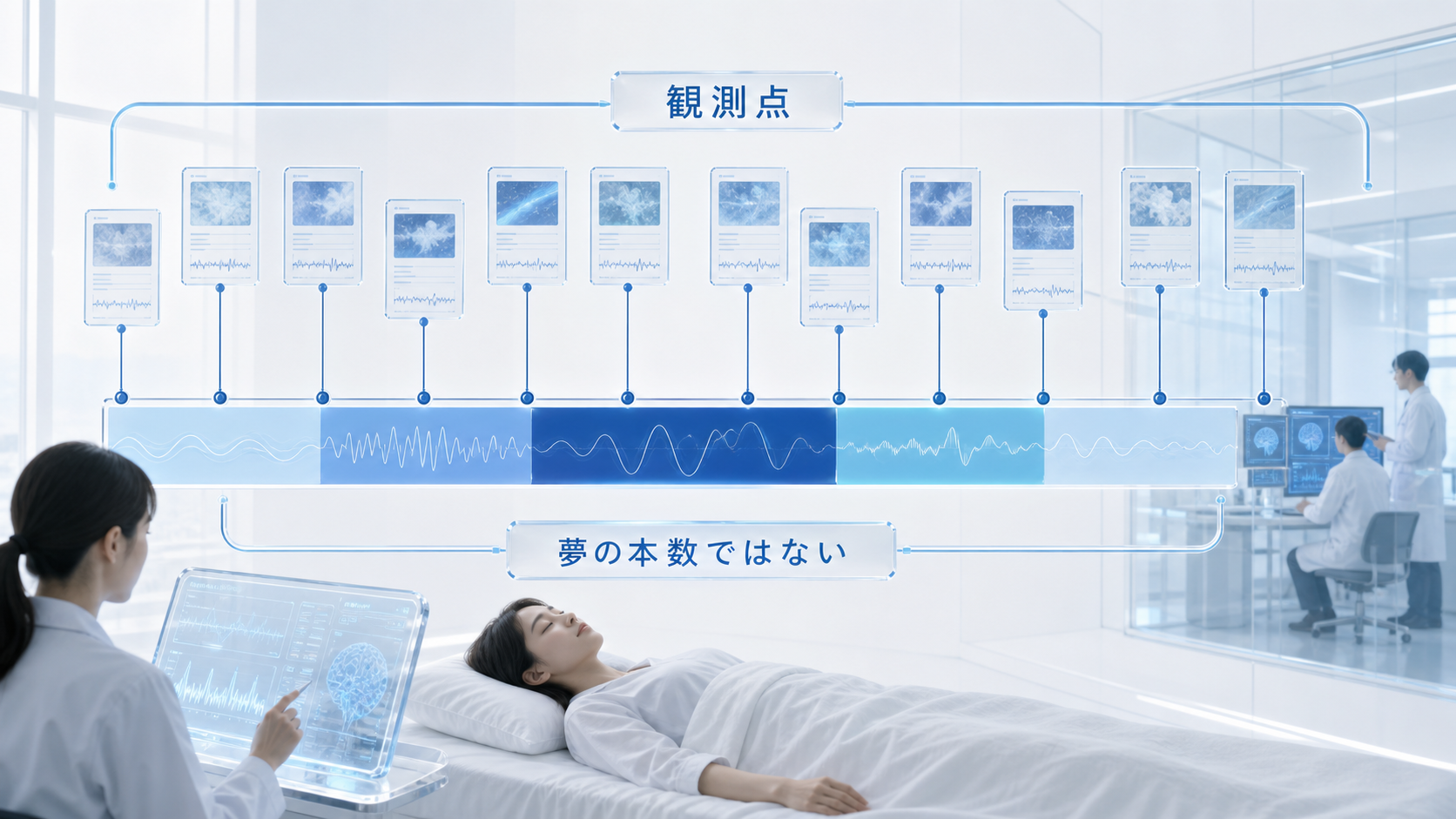 一夜の睡眠ログ上の多数の覚醒を夢の本数ではなく観測点として示す研究図