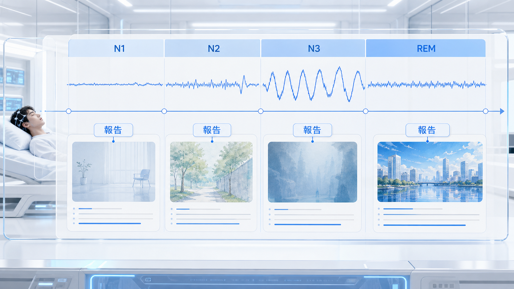 REMだけでなくN1、N2、N3からも睡眠中の体験報告が得られることを示す睡眠ログ図