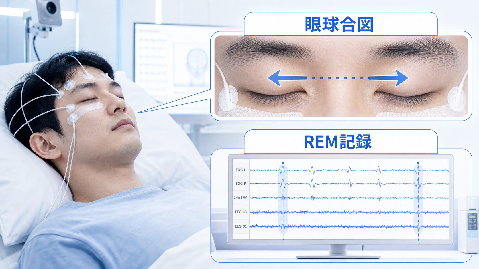 REM睡眠中の眼球運動が眼球合図として記録される様子を示す図解