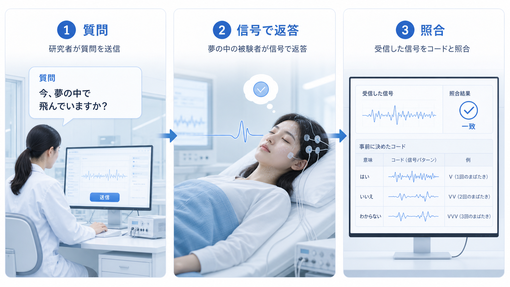 研究者の質問、眠っている参加者の信号での返答、記録の照合という手順を示す図解