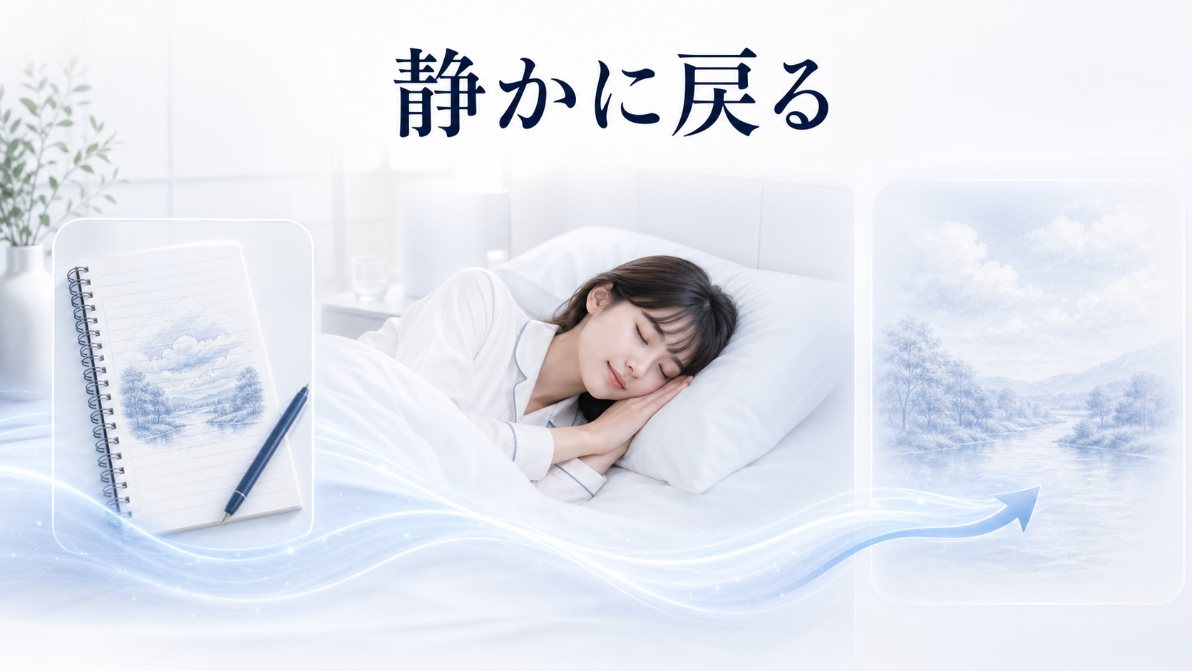 夢の手がかりメモから眠れそうなときだけ静かに最後の場面へ戻る流れを示した図解