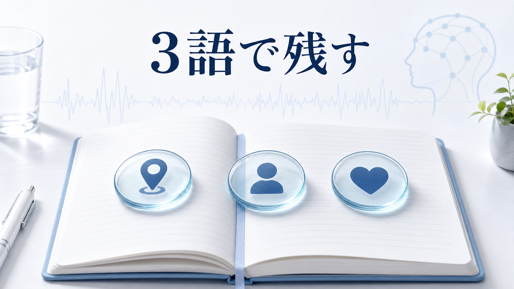 夢日記に場所、人物、感情のような3語だけを残す方法を示した図解