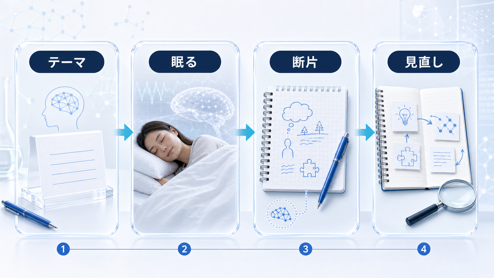 創作に使うためのテーマ、眠る、断片、見直しの四段階を示した図解