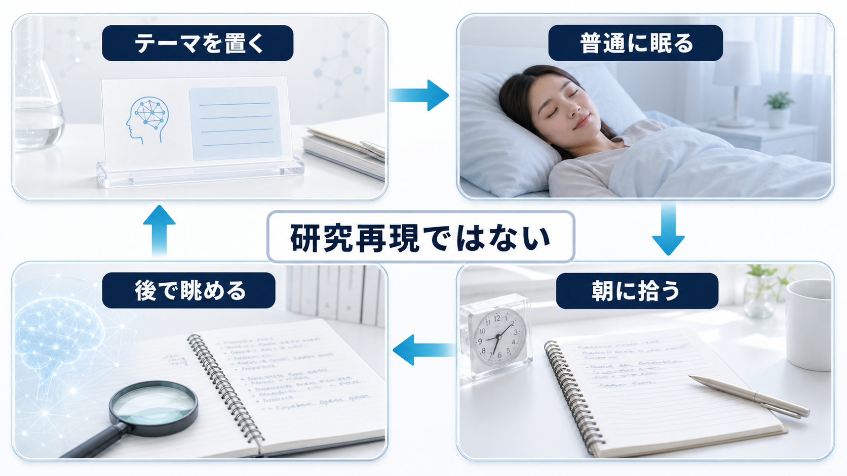 自宅ではテーマを置き、普通に眠り、朝に拾い、後で眺めるという流れを示した図解