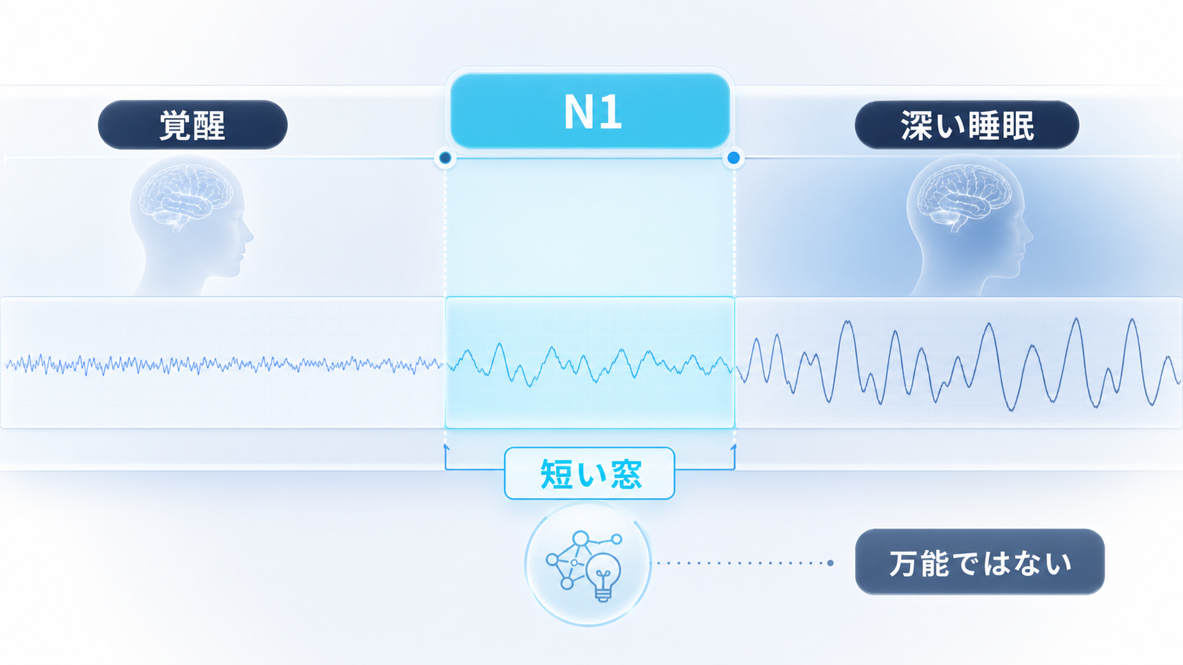 覚醒、N1、深い睡眠の間で、N1が短い観察窓として示されている図解