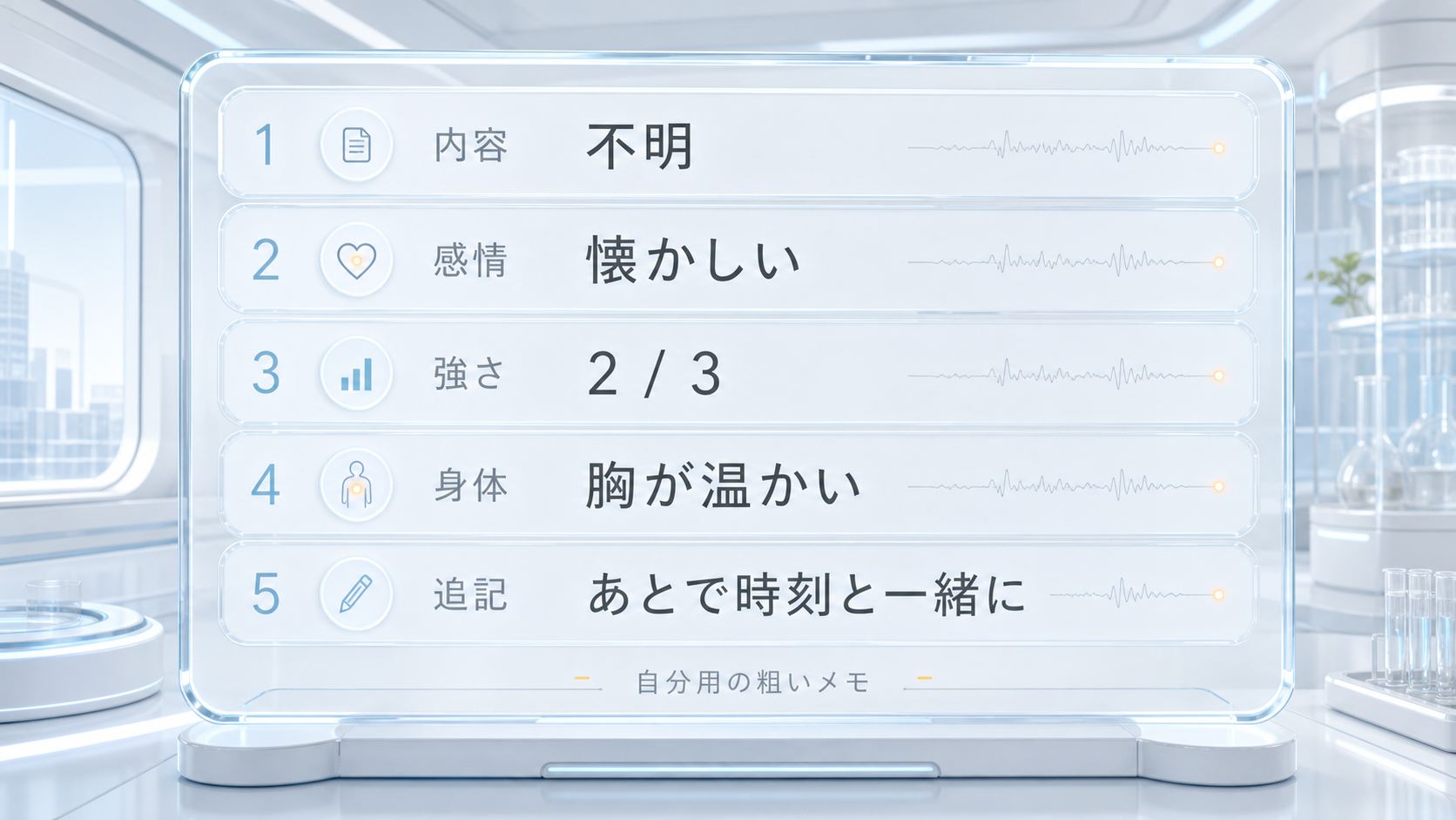 内容不明、感情、強さ、身体感覚、後からの追記を並べた朝30秒の五項目ログ図解