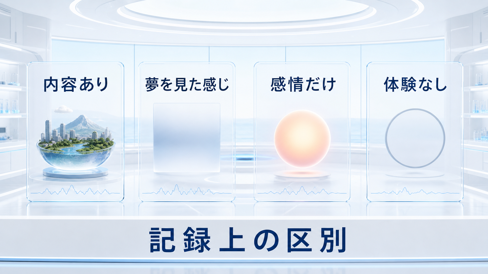 内容つき想起、内容なしの夢感、感情だけの報告、体験なしを記録上の区別として示す図解