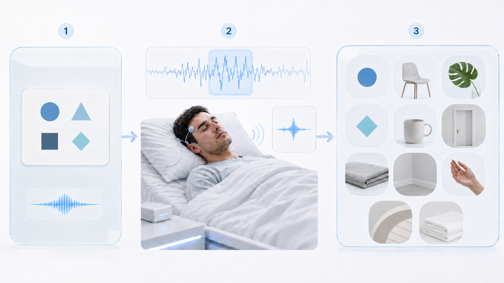 覚醒時に関連づけた音をレム睡眠中に提示し夢報告を比べる流れ