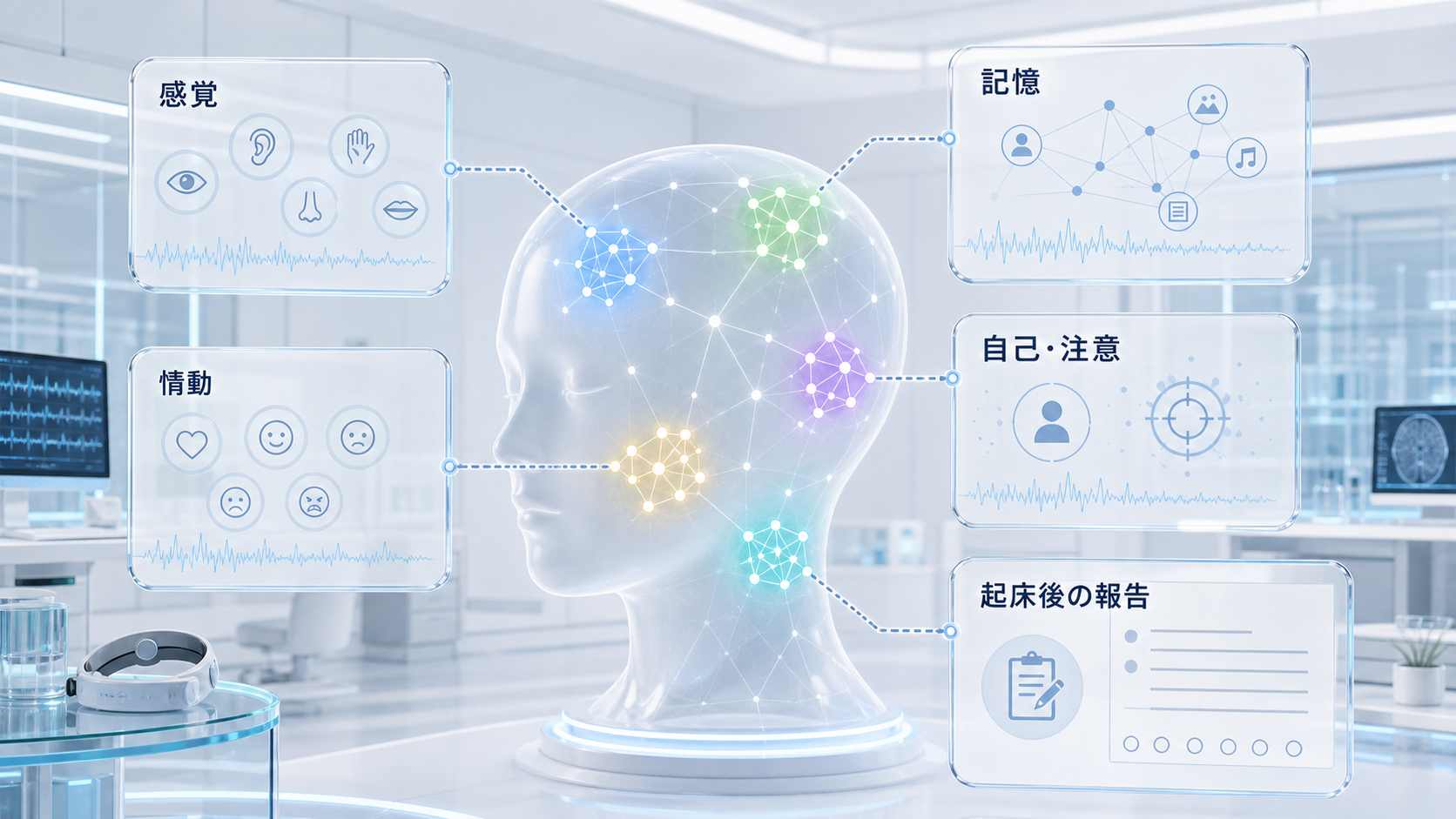 感覚、情動、記憶、自己と注意に関わる分散したネットワークと起床後の報告を示す図