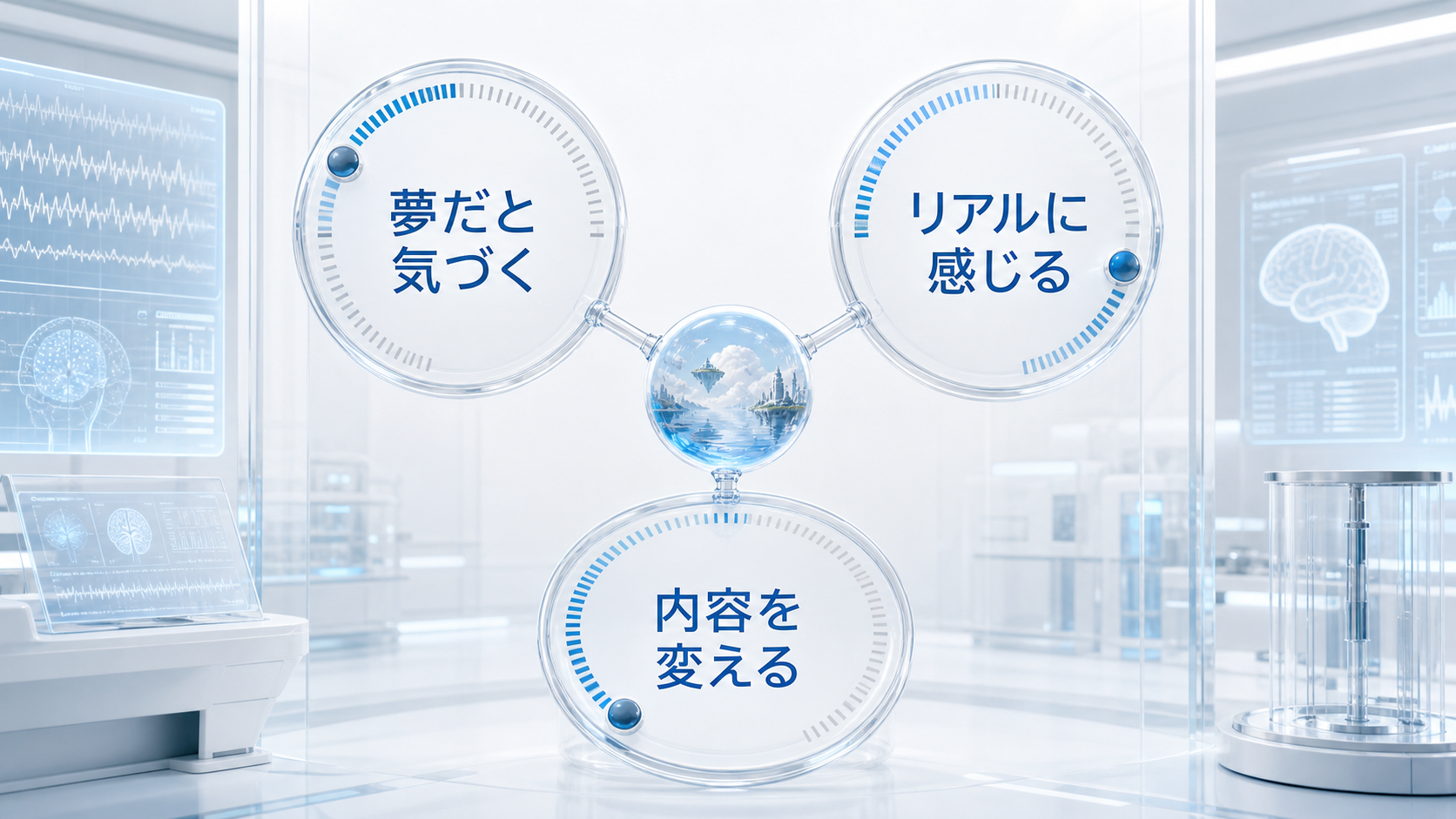 夢だと気づく、リアルに感じる、内容を変えるという三つの独立した性質を示す図