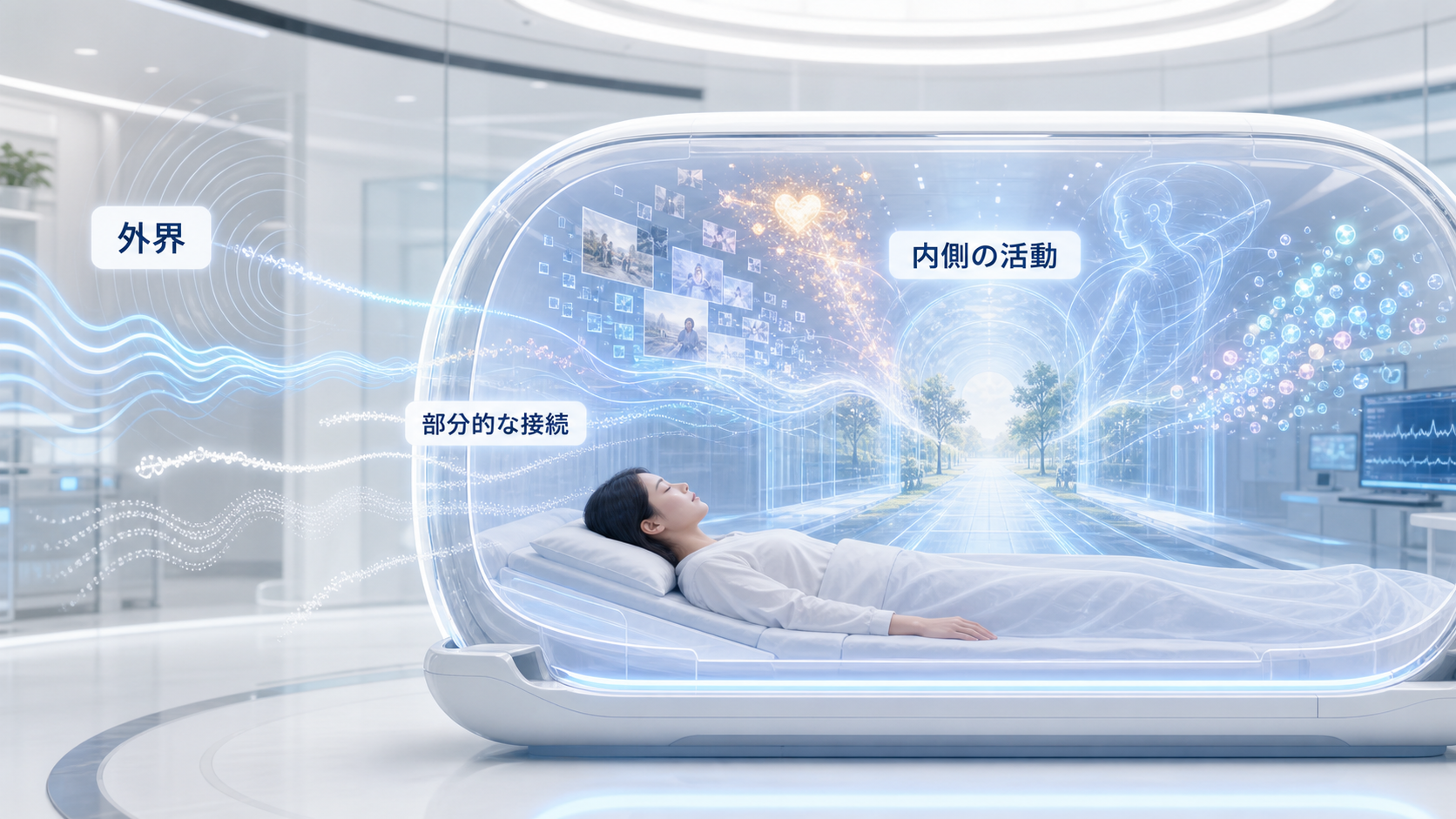 睡眠中も外界との接続は一部残り、内側の記憶や感情から夢世界が組み上がる図