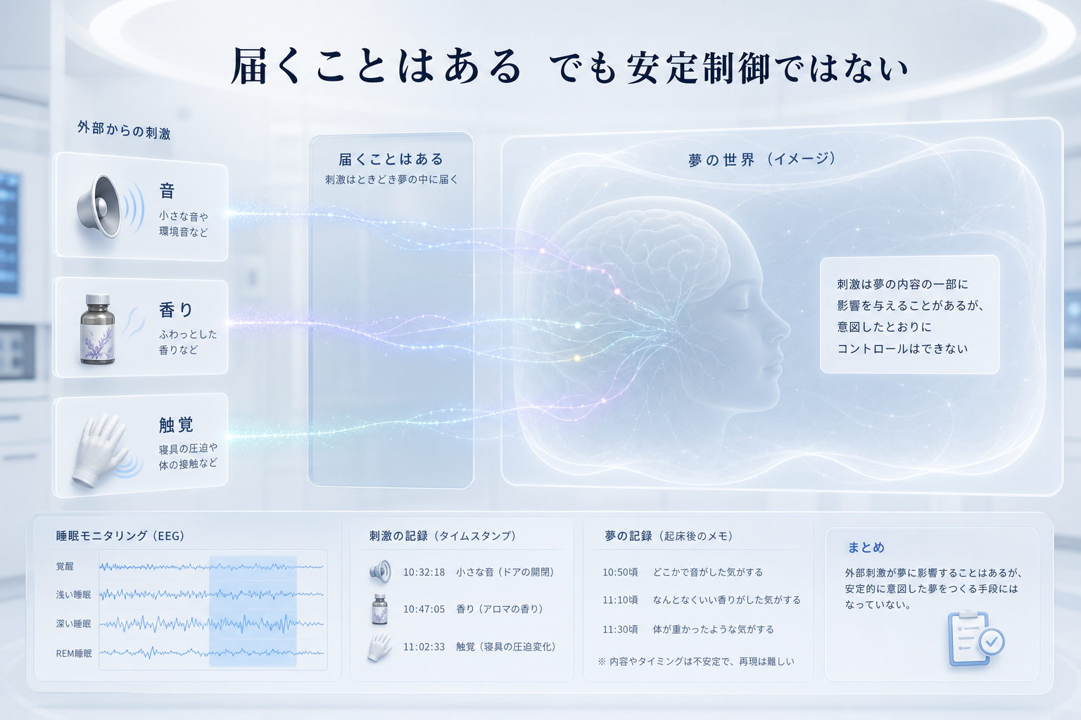 音、香り、触覚などの刺激が夢に届くことはあるが安定制御ではないと示す図解
