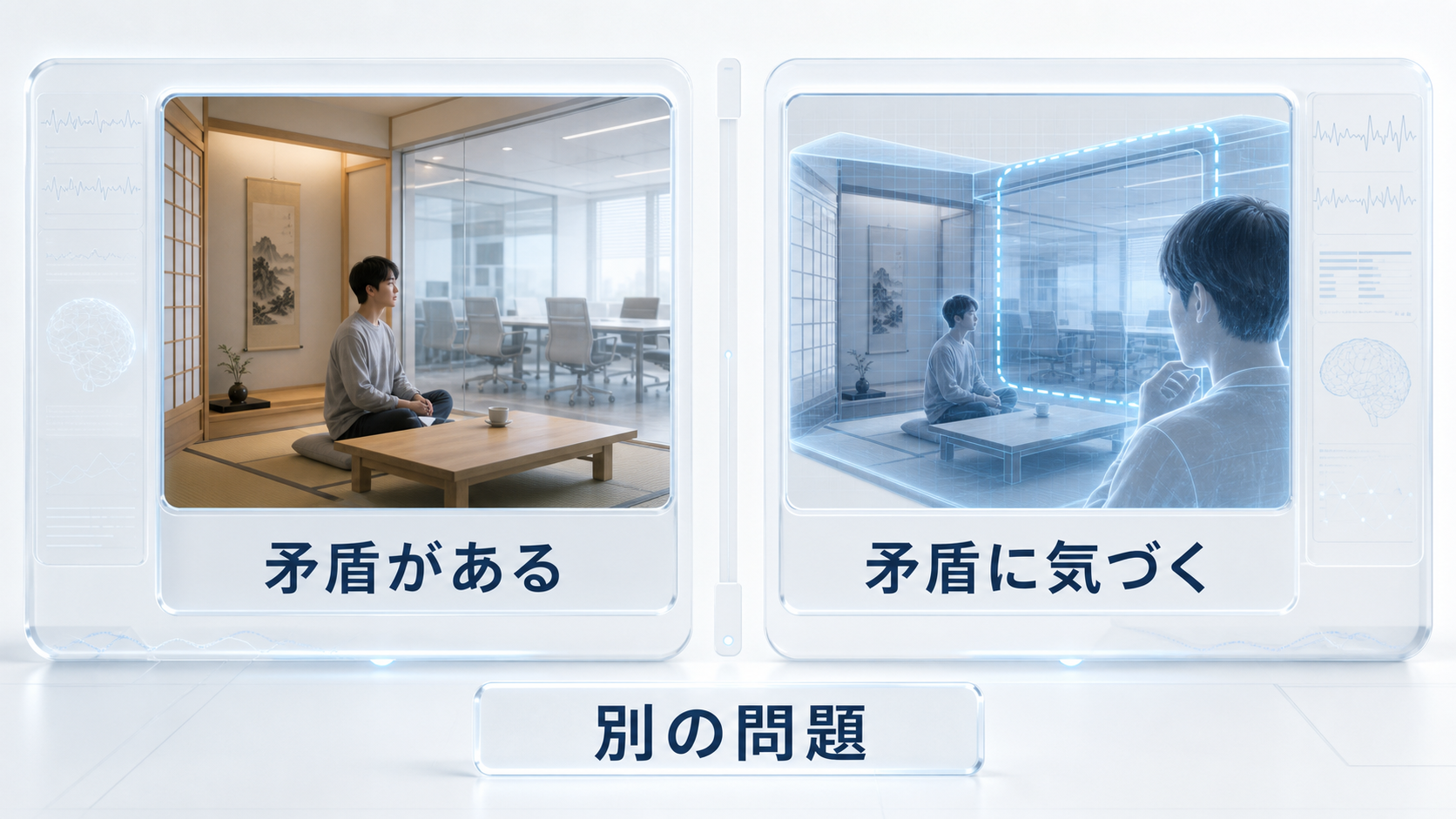 夢に矛盾があることと夢の中で矛盾に気づくことを二つの観測カードで分けた図