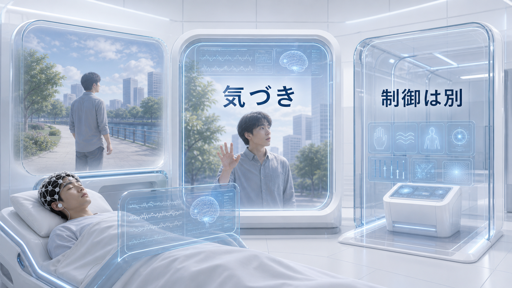 夢だという気づきと夢内容の制御を別々の観測窓として示す図