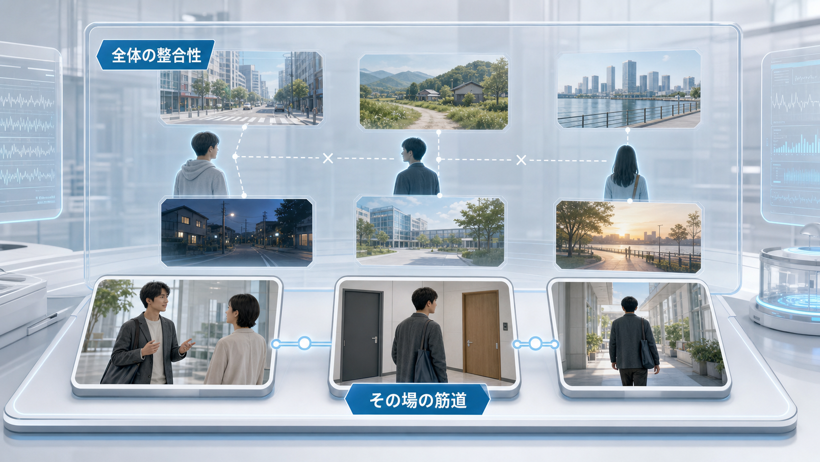 夢の中のその場の筋道と時間や場所をまたいだ全体の整合性を上下に分けて示す図