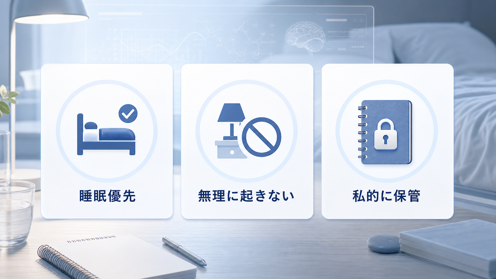 睡眠を優先し、無理に起きず、夢のメモを私的に保管する安全境界を示した図解