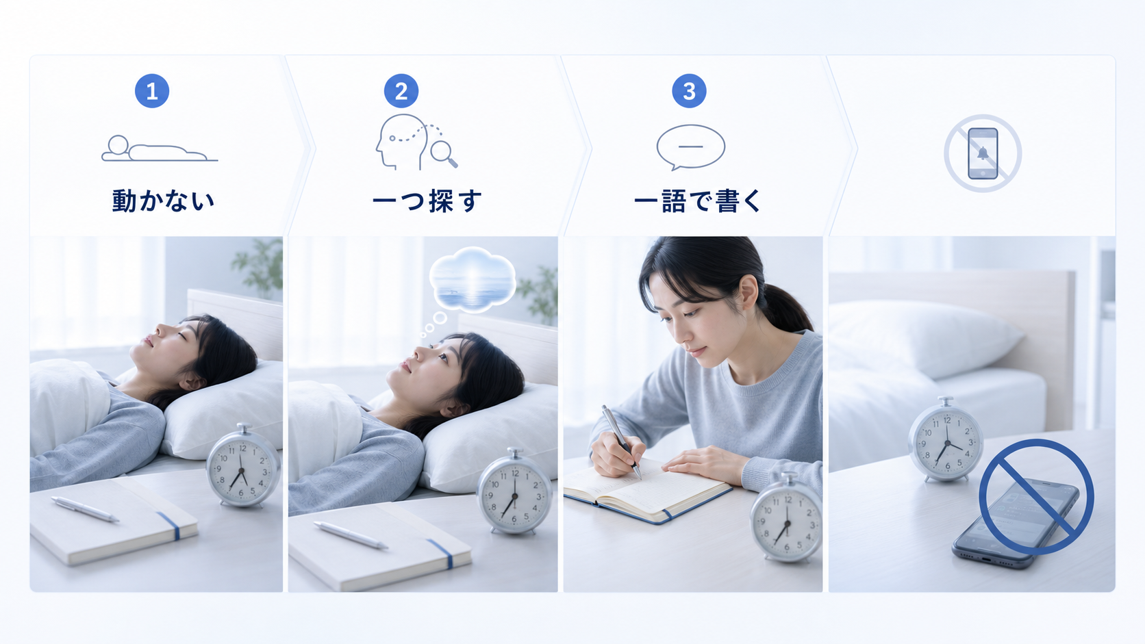 起床直後に動かず、一つ探し、一語で書き、通知を見る前に記録する流れを示した図解