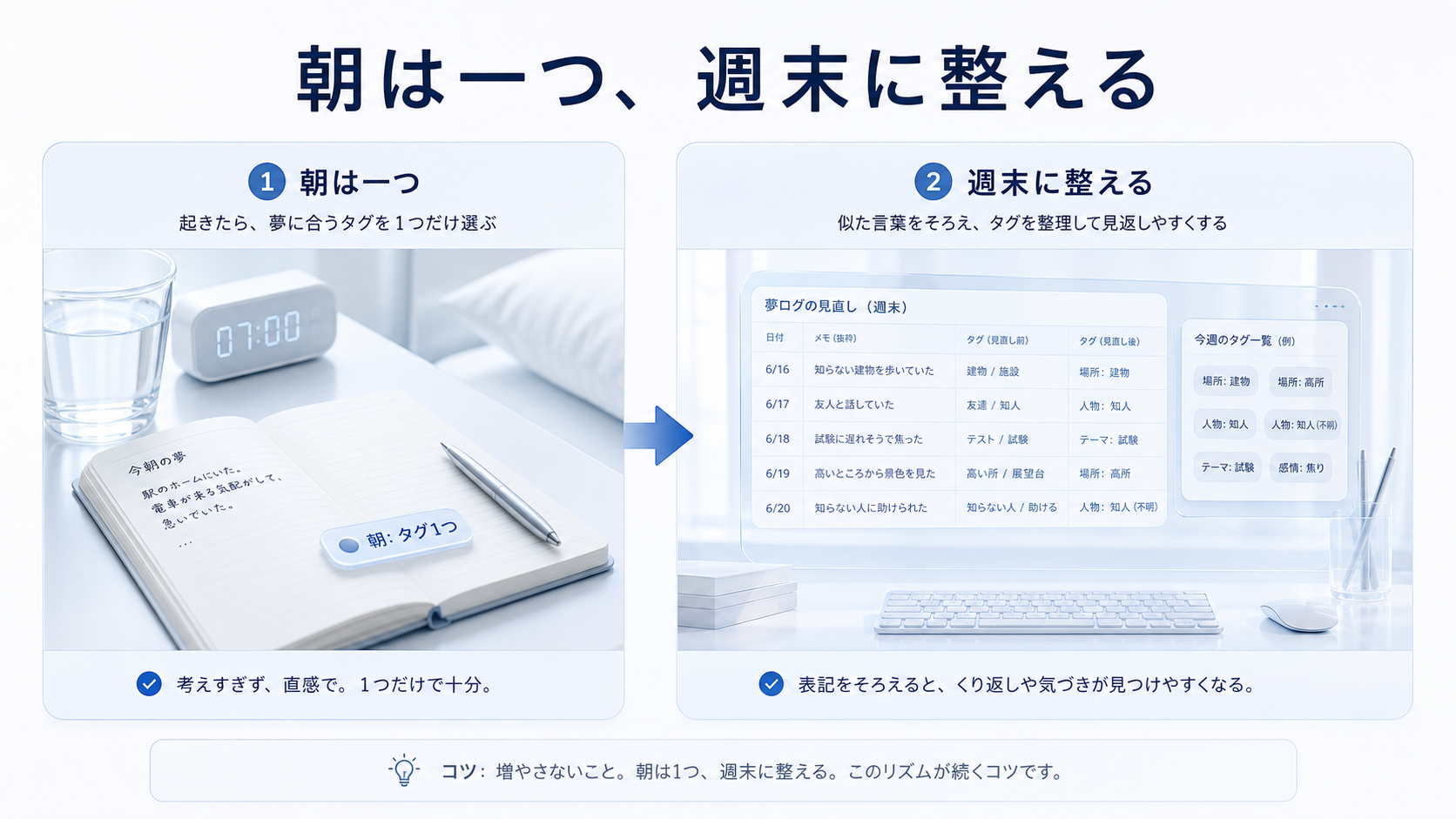 朝はタグを一つだけ付け、週末に表記を整える夢日記タグ管理の流れを示す図解