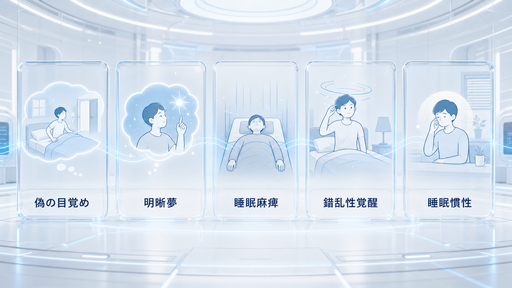 偽の目覚め、明晰夢、睡眠麻痺、錯乱性覚醒、睡眠慣性を体験と覚醒状態で比較する図解