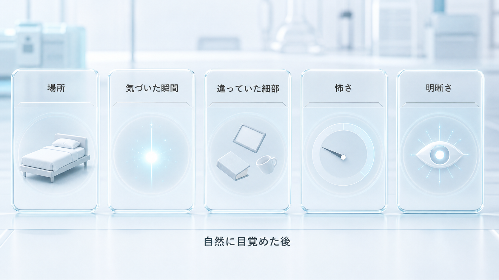 偽の目覚めを自然覚醒後に五項目で短く記録する観測ログの図解