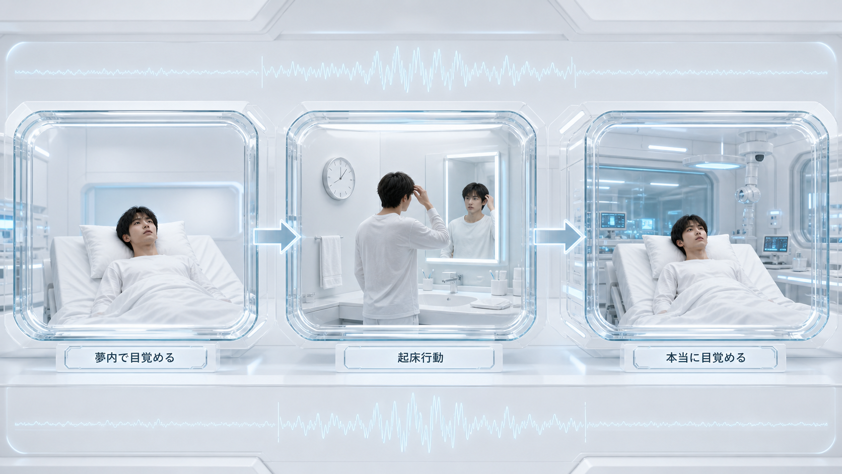 夢の中で目覚めたと信じ、二度目の覚醒で偽の目覚めだったと分かる流れを示す図解