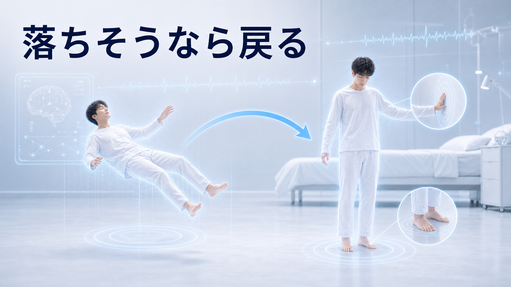 落ちそうなときや起きそうなときに足元や近くの物へ注意を戻す流れを示した図解