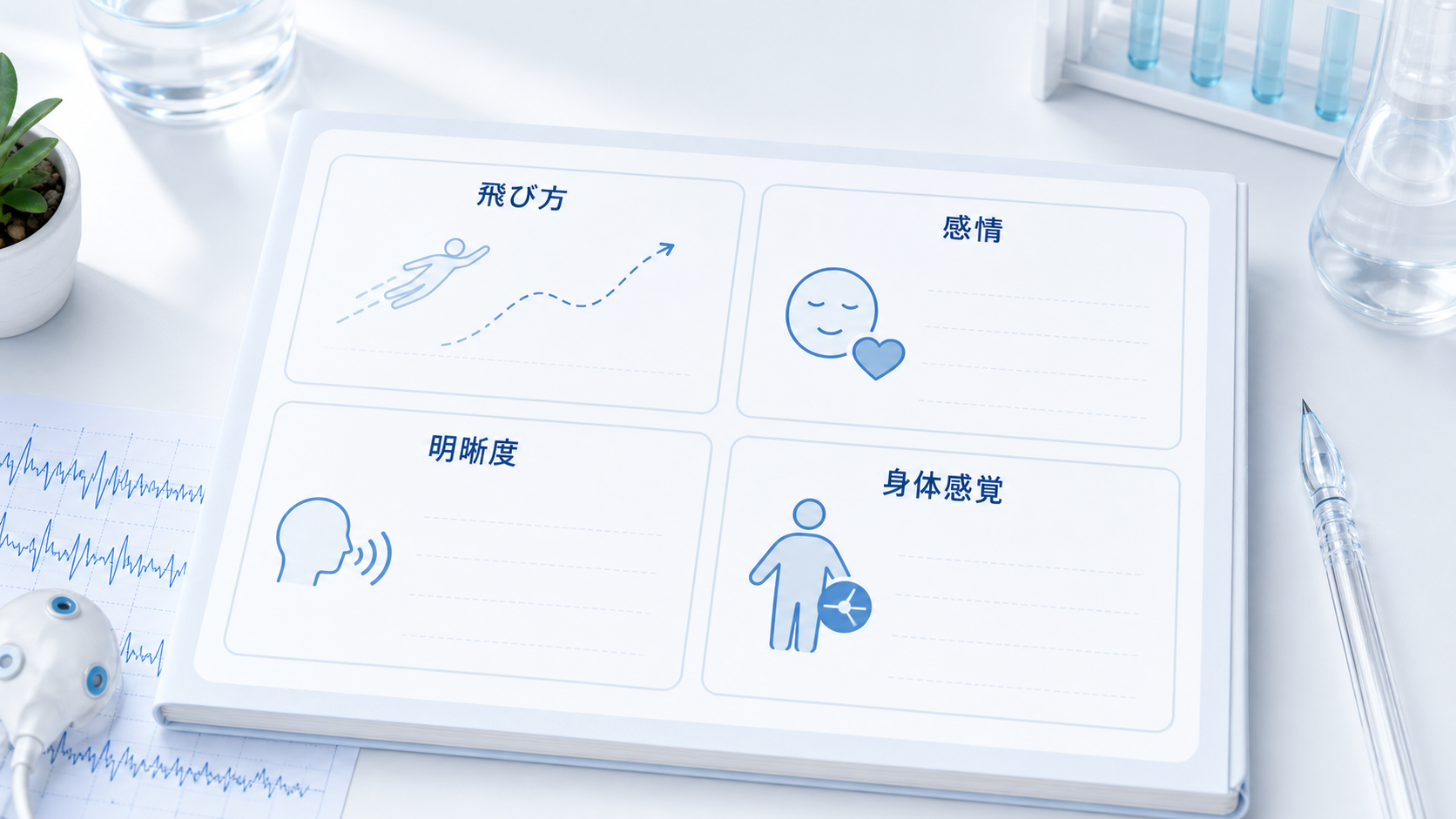 飛び方、感情、明晰度、身体感覚の四項目で飛行夢を記録する図解