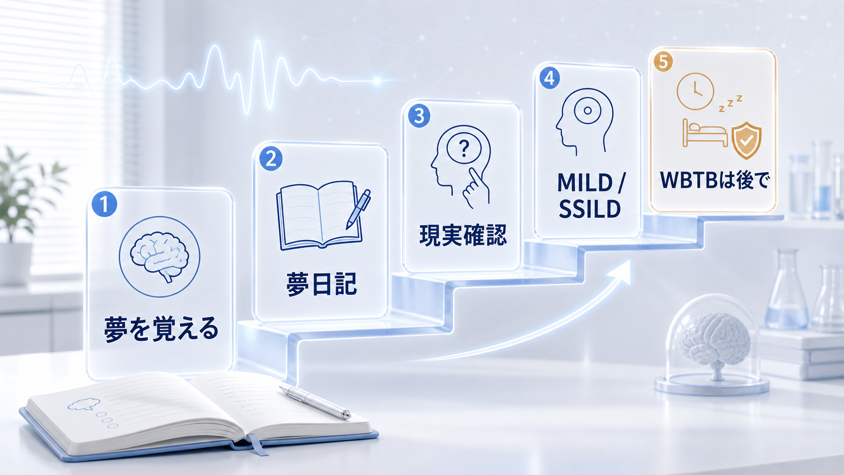 夢を覚える、夢日記、現実確認、MILDやSSILD、WBTB注意の順に進む初心者向けステップ図