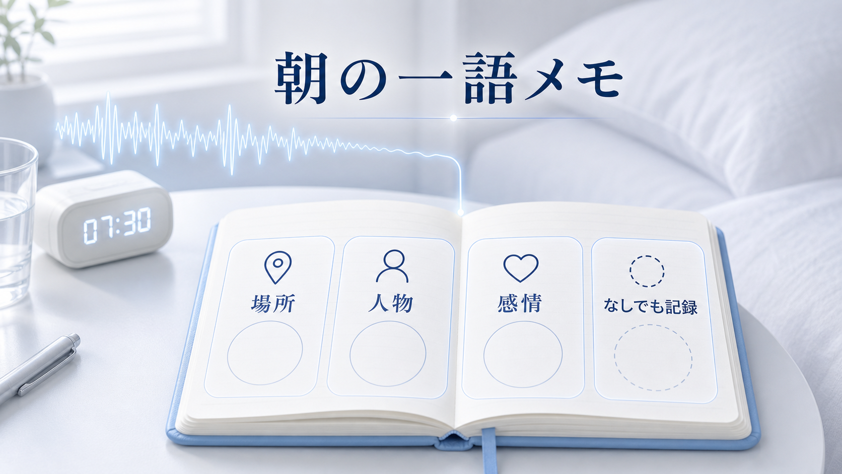起床直後に場所、人物、感情など夢の断片を一語だけ記録する図解