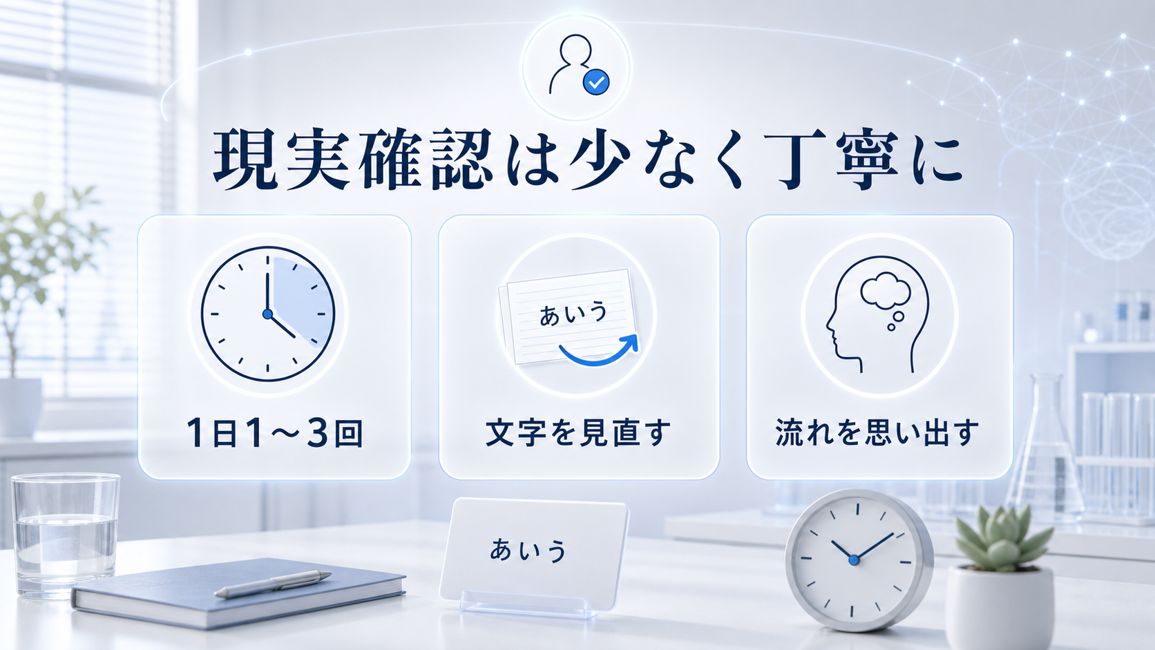 現実確認は1日1から3回だけ落ち着いて文字や記憶の流れを確認することを示す図解