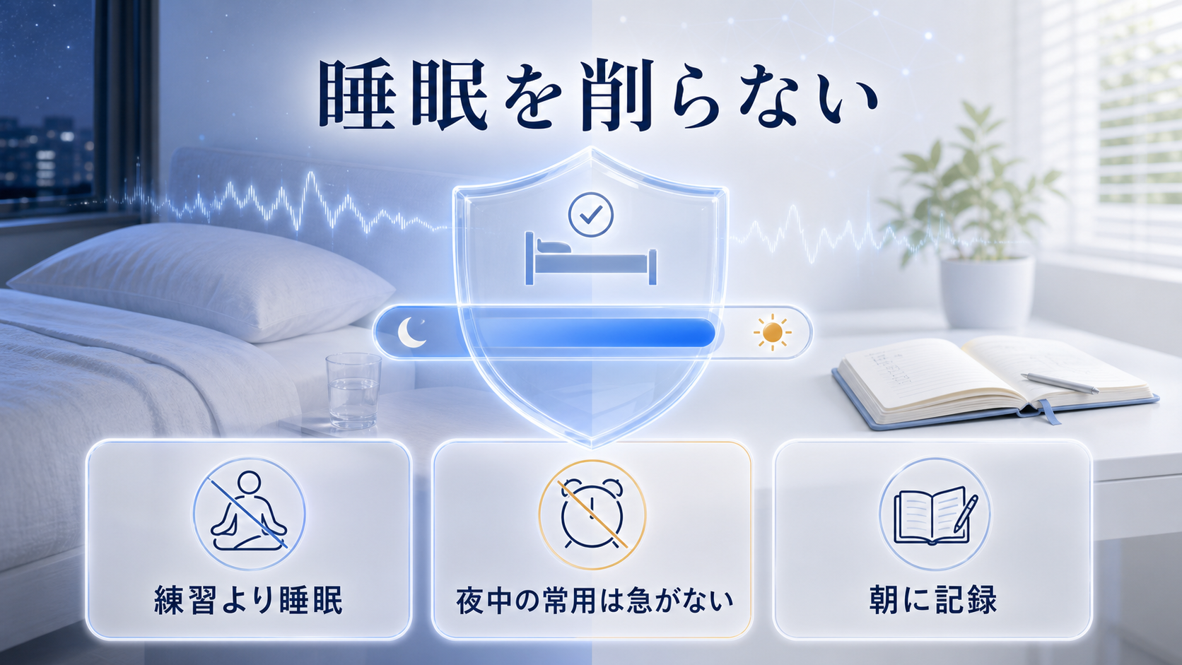 明晰夢の練習より睡眠を守ることを優先し、夜中の常用は急がないと示す図解