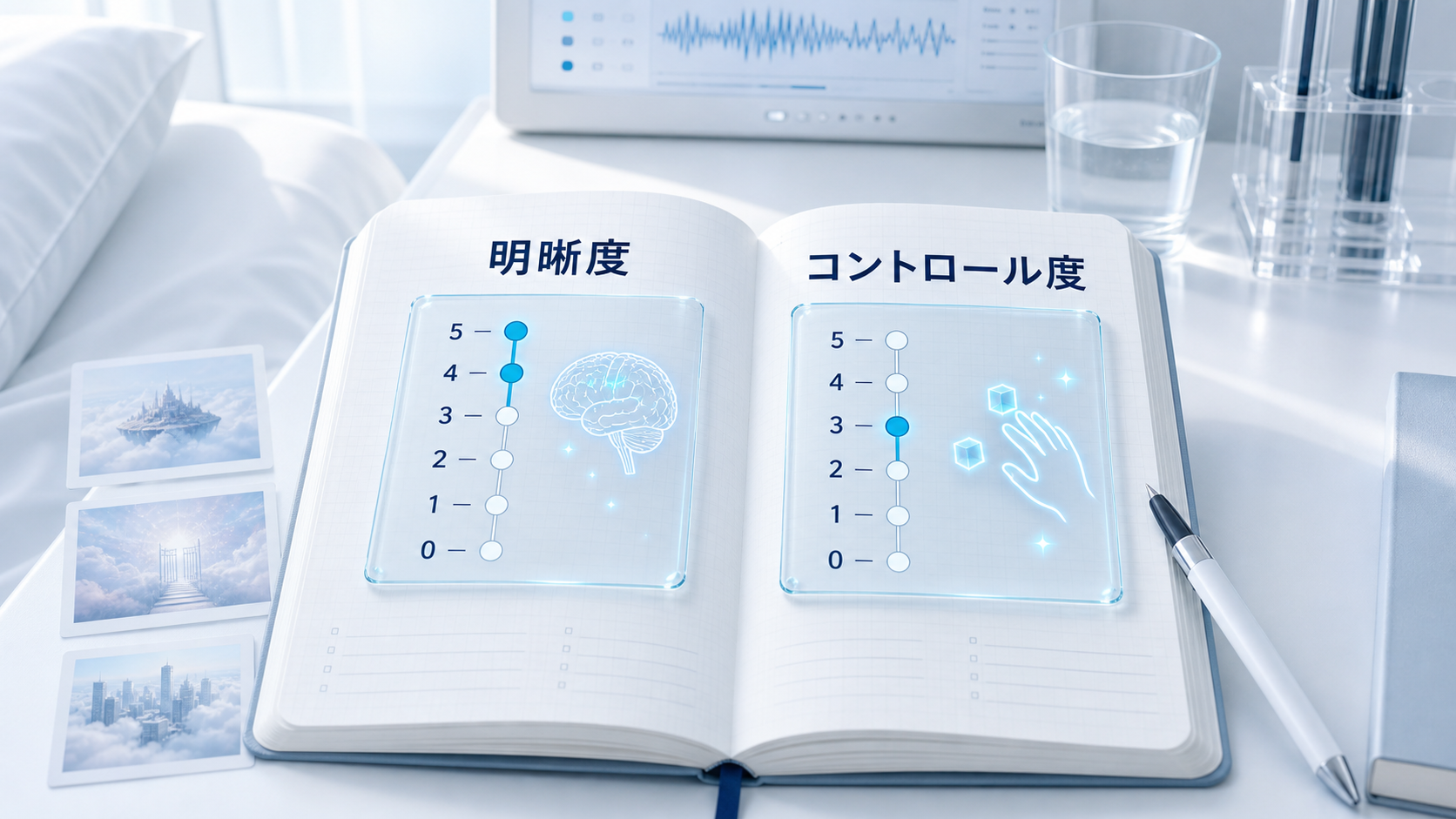 夢日記に明晰度とコントロール度を別々に記録する二軸のログを示した図解