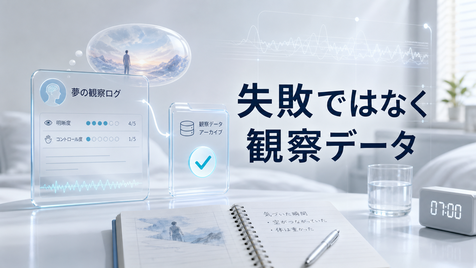 夢を操れなかった明晰夢を失敗ではなく観察データとして記録する考え方を示した図解