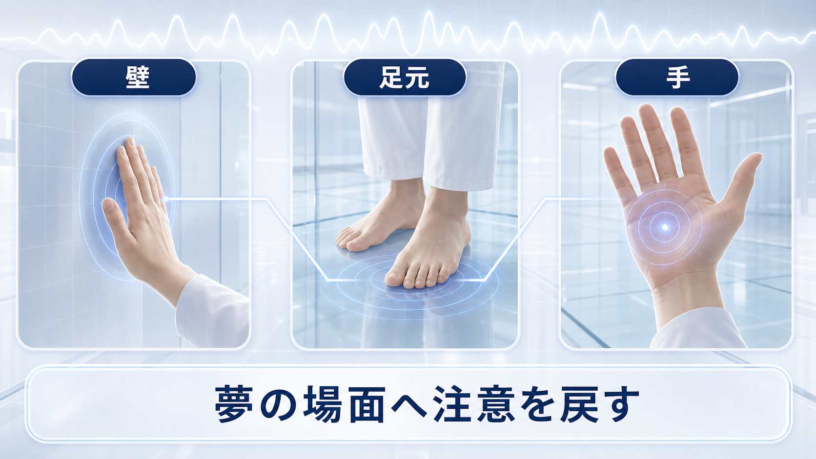 手、足元、壁の触覚で夢の場面へ注意を戻す図解