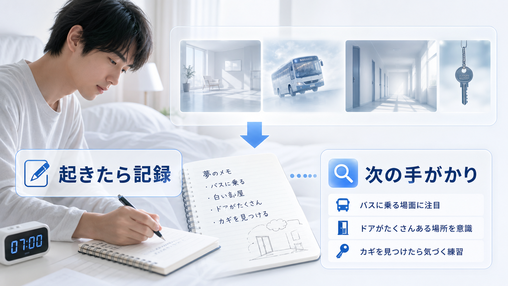 起きた直後に夢を記録し次の手がかりへつなげる図解