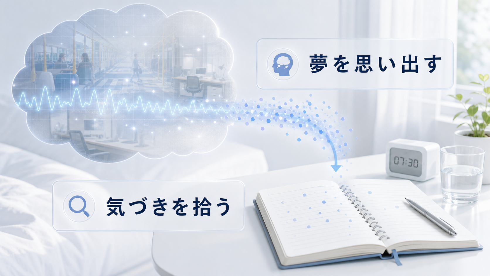夢を思い出すことが夢の中の気づきの痕跡を拾う入口になることを示した図解