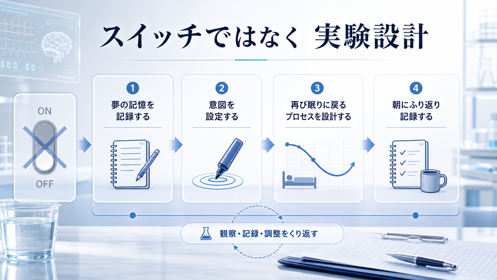 明晰夢誘導法は夢を出すスイッチではなく、観察、意図、再入眠、記録を組み合わせる実験設計だと示す図解