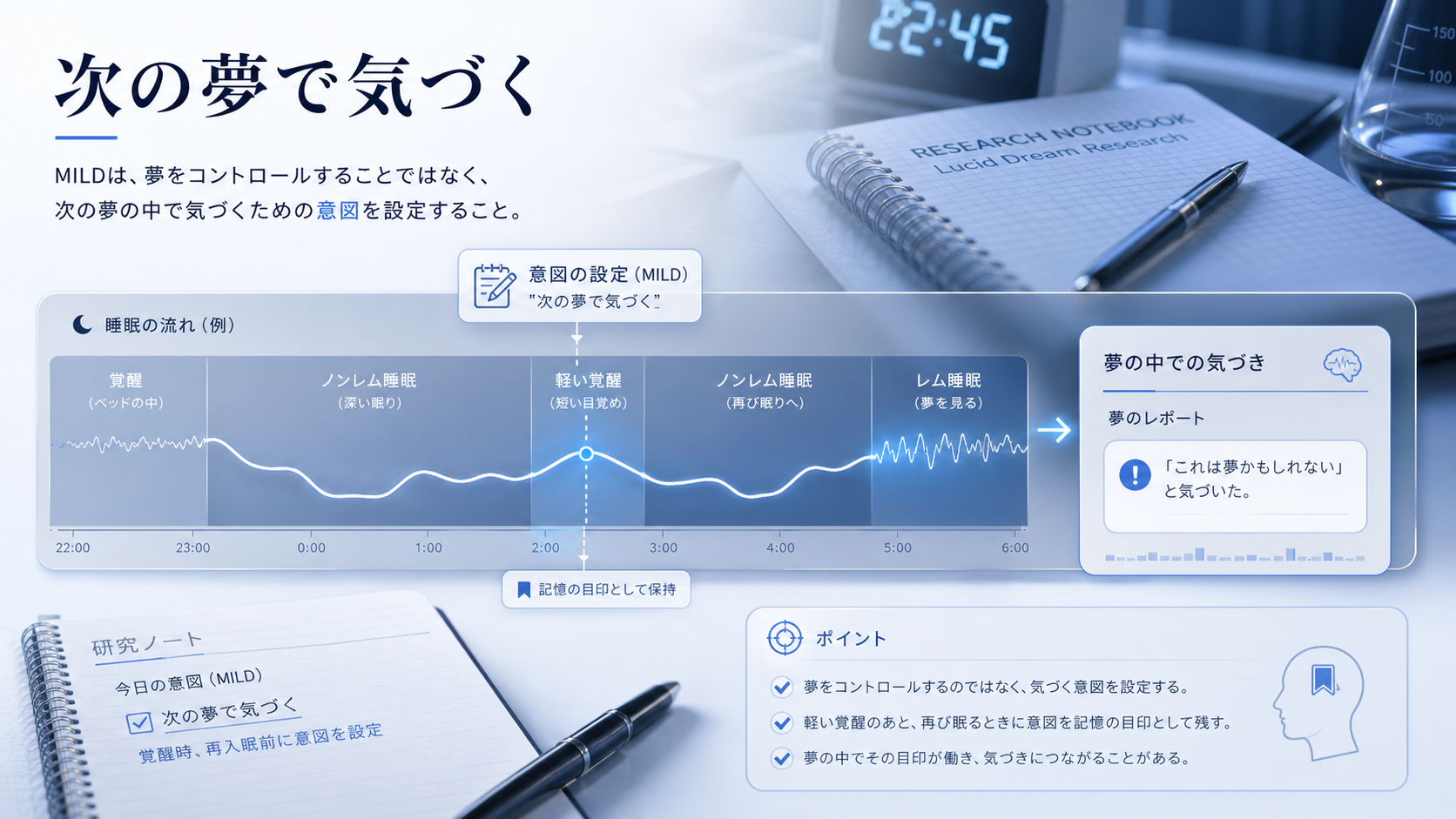 MILDは次の夢で気づくための意図と記憶を置く方法だと示す図解