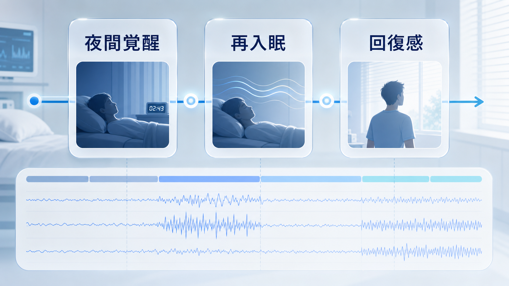 夜間覚醒、再入眠、回復感を並べた睡眠中断の図解