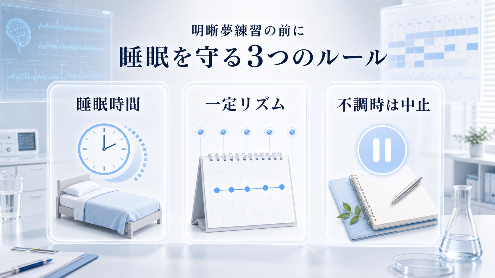 睡眠時間、一定リズム、不調時は中止という三つのルールを示す図解