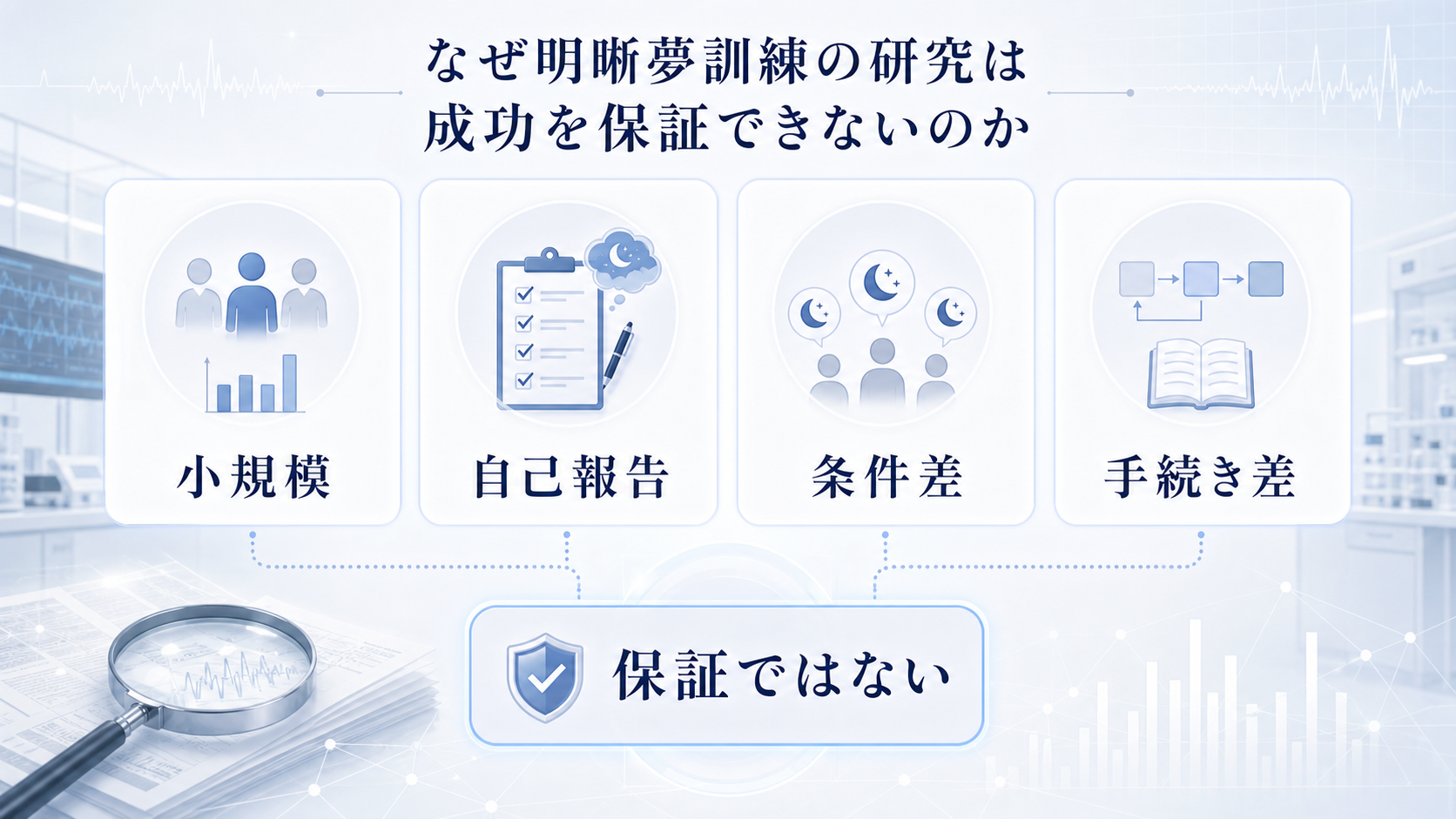 明晰夢訓練研究の限界として小規模、自己報告、条件差、手続き差を示した図解