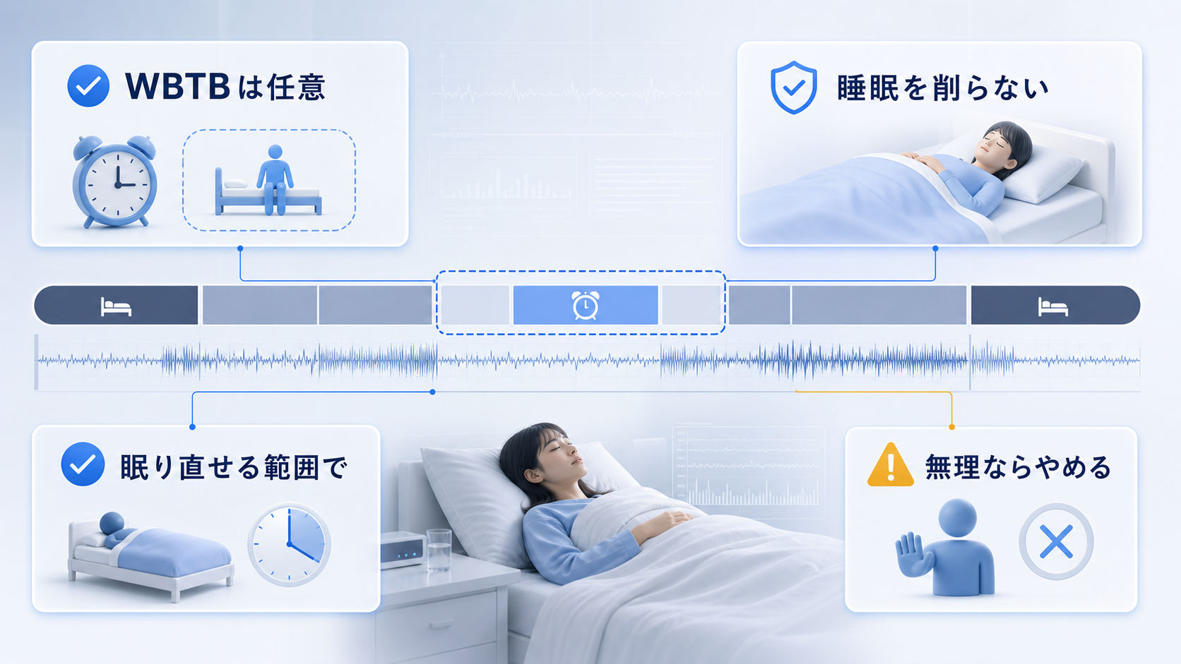 WBTBは任意で、睡眠を削らず眠り直せる範囲で扱うべきだと示す図解