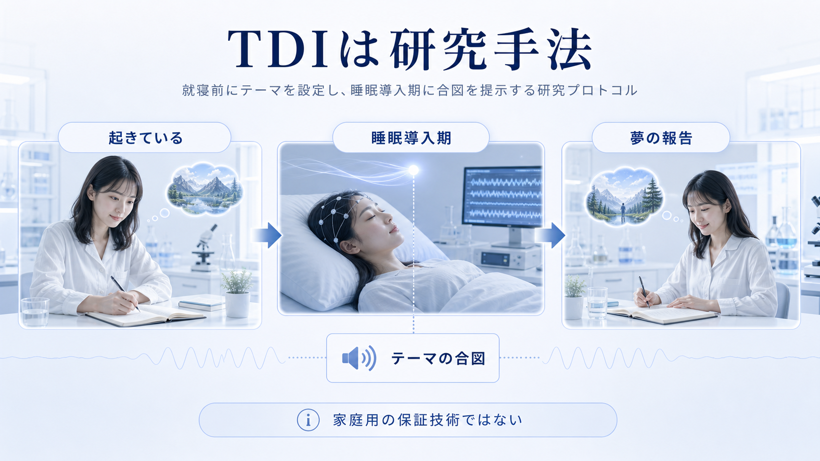 TDIは睡眠導入期にテーマの合図を提示する研究手法だと示す図解