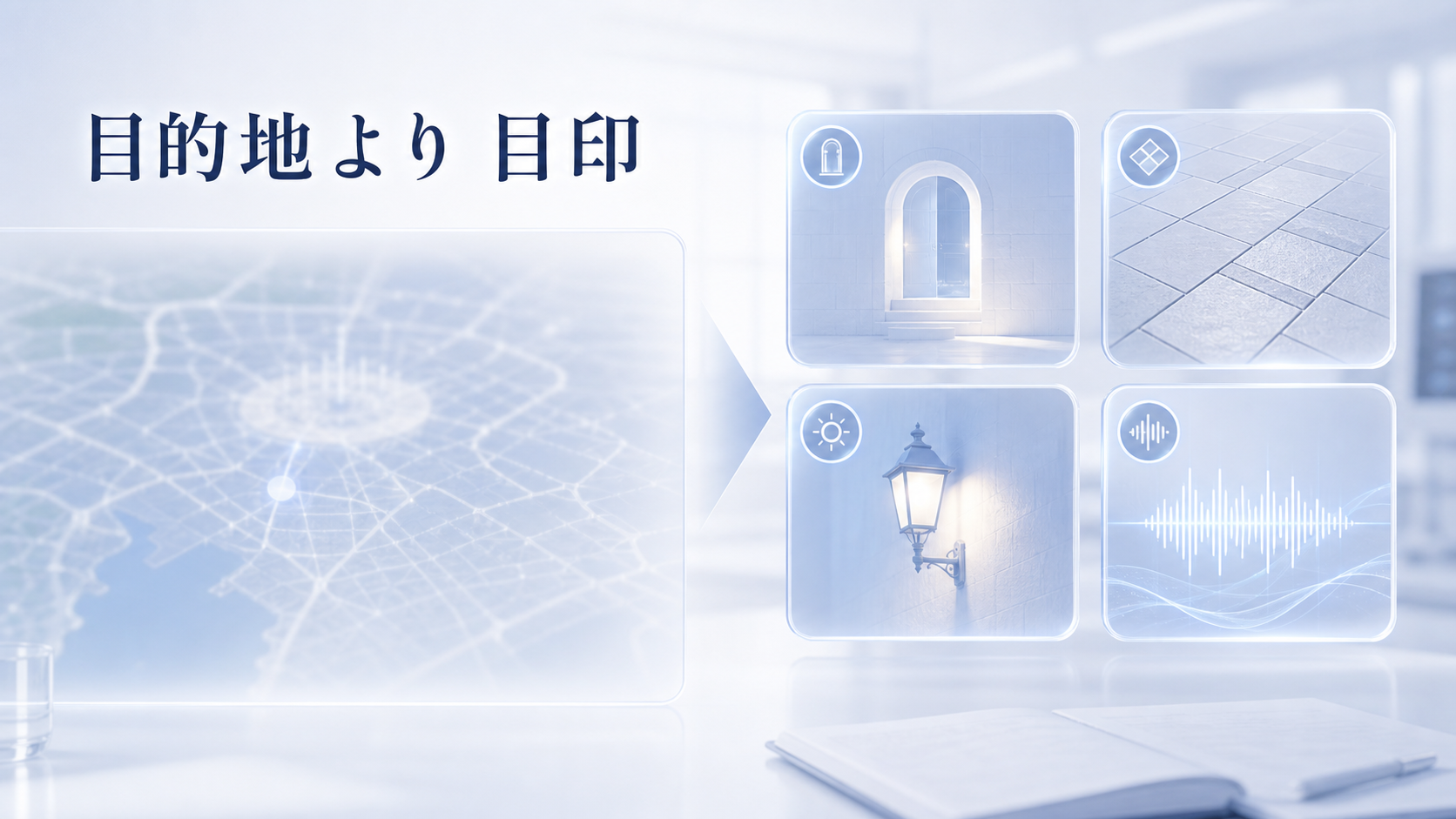 行きたい場所の夢は、場所全体より入口、足元、光、音という小さな目印から始めると示す図解