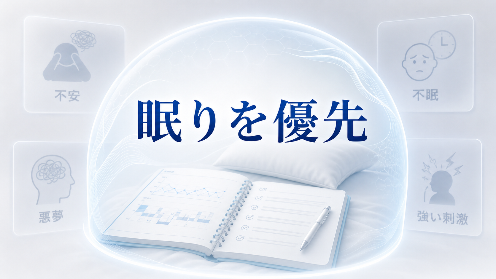 不安、悪夢、不眠、強い刺激を避けて睡眠を優先する安全境界を示す図解