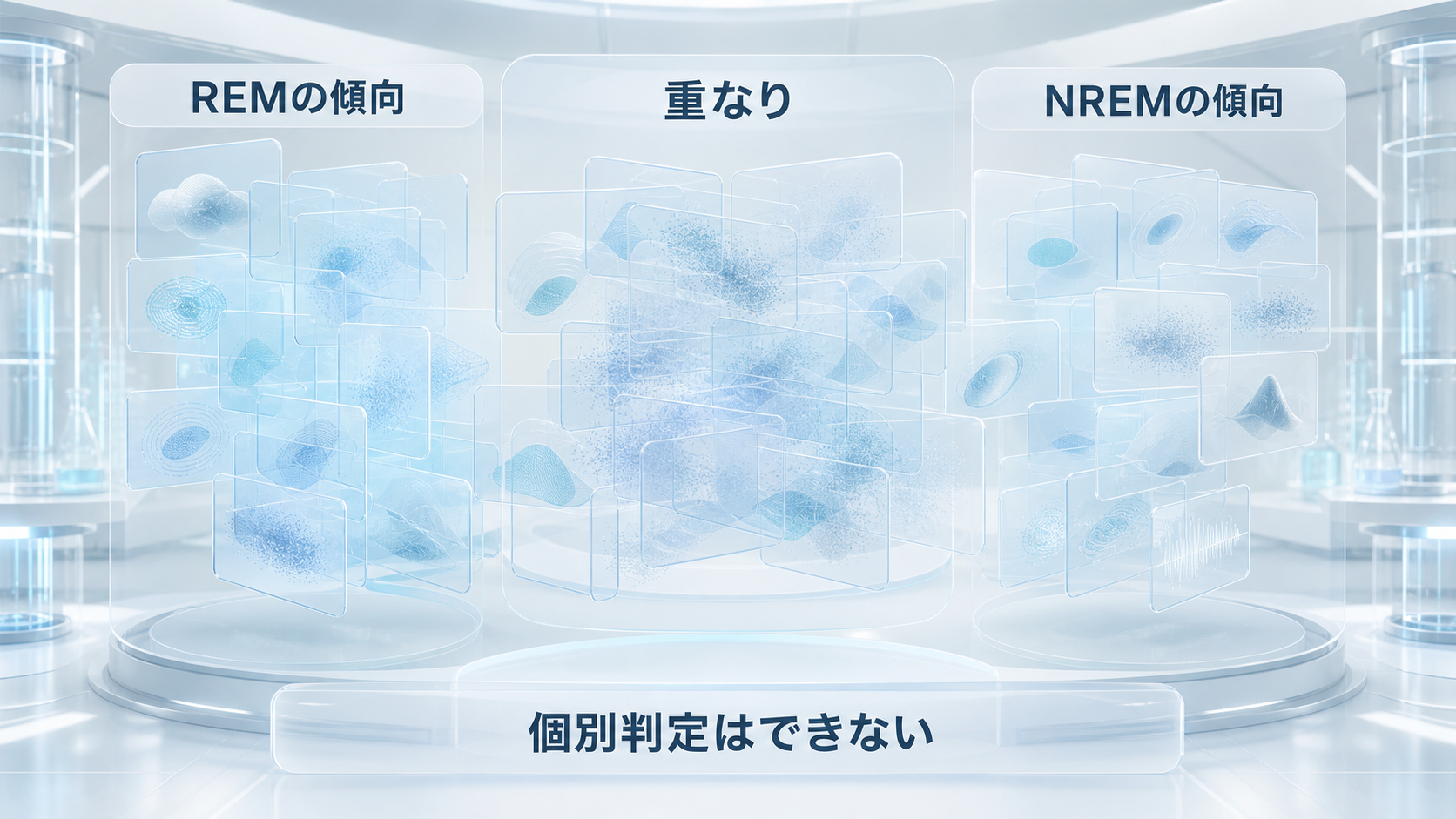 REMとNREMの夢報告に平均傾向がある一方で分布が大きく重なることを示す図